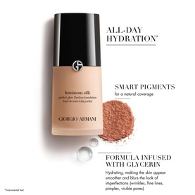 ARMANI BEAUTY Luminous Silk Foundation bottle with powder swatch, highlighting all-day hydration, smart pigments and glycerin formula benefits