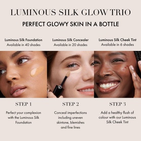 Armani Beauty Luminous Silk Glow Trio promotional image showing Foundation, Concealer and Cheek Tint application steps on three models