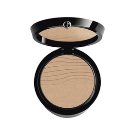 Armani Beauty Luminous Silk Glow Fusion Face Powder in warm golden beige, open compact with wave-embossed pressed powder and black mirrored lid
