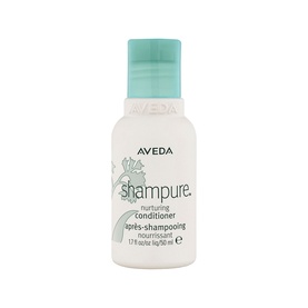 Aveda Shampure Nurturing Conditioner 50ml travel-size bottle with mint green cap and floral botanical print design