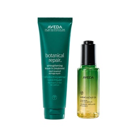 Aveda Botanical Repair Strengthening Treatment and Miraculous Oil duo set, green tube and gold-green glass bottle