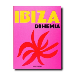 Assouline Ibiza Bohemia hardbound book with pink cover, yellow title text and red botanical graphic