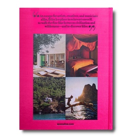 Assouline Ibiza Bohemia hardbound book, bright pink back cover with four lifestyle photos and printed quote