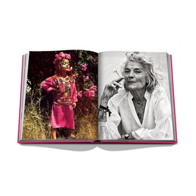 Assouline Ibiza Bohemia hardbound book open showing colour and black-and-white photography spreads, pink spine visible