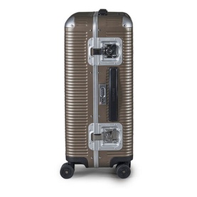 FPM Bank Light Spinner 68 hardshell suitcase in brown with silver aluminium frame, TSA lock, and four spinner wheels