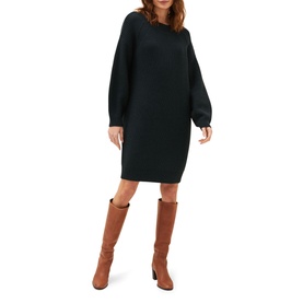 Model wearing Phase Eight Austina Chunky Stitch Knit Dress in green with balloon sleeves and round neck, styled with tan knee-high boots