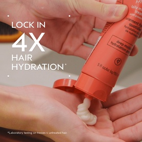 AVEDA Nutriplenish&trade; Daily Moisturizing Treatment 40ml dispensed into hand, coral pump bottle, with "Lock in 4X Hair Hydration" text overlay
