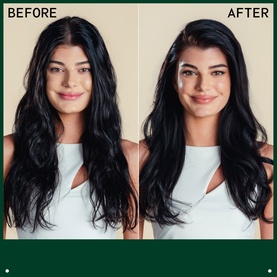 Before and after results of AVEDA Nutriplenish Daily Moisturizing Treatment on dark hair, showing improved smoothness and shine