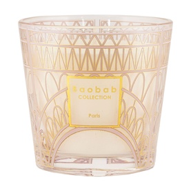 Baobab Collection My First Baobab Paris candle, blush pink glass vessel with gold Art Deco geometric pattern and gold logo detail.