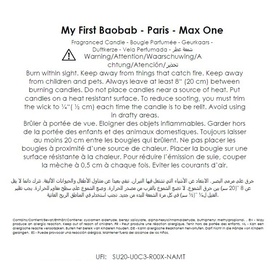 BAOBAB My First Baobab Paris scented candle safety and usage instructions label, multilingual warning text