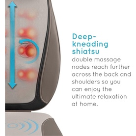 Homedics Shiatsu Pro Back Massage Chair in grey, showing deep-kneading dual massage nodes with movement arrows and heat indicator