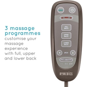 Homedics Shiatsu Pro Back Massage Chair handheld remote control in bronze-grey, featuring full, upper, lower back and spot massage programme buttons