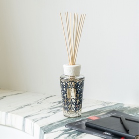 BAOBAB My First Baobab Manhattan Diffuser 250ml with geometric patterned glass vessel, white cap, and natural reed sticks, styled on marble surface