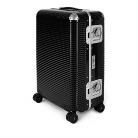 FPM Bank Light Spinner 68 suitcase in black with silver aluminium frame, ribbed hardshell, TSA locks, and four spinner wheels