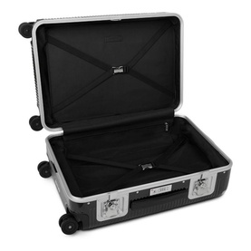 FPM Bank Light Spinner 68 in black, open showing black interior with cross straps, silver frame and corner guards, four spinner wheels