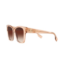 Burberry BE4345 Square Sunglasses in brown transparent acetate with gold BB logo, gradient brown lenses, angular frame