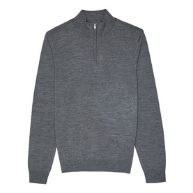 Reiss Blackhall Funnel Neck Sweater in grey, quarter-zip fastening, ribbed cuffs and hem, fine knit finish