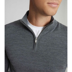 Model wearing Reiss Blackhall Funnel Neck Sweater in grey, half-zip detail with leather trim, styled over a white crew neck tee