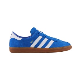 Adidas Bleu Trainers in blue suede with white three stripes, gold branding, lace-up low top, and tan gum rubber sole