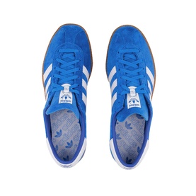 Adidas Bleu Trainers in blue suede, overhead view showing white three stripes, lace-up front and gum rubber sole