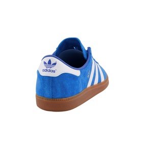 Adidas Bleu Trainers in blue suede, white three stripes, heel tab, and gum rubber sole, rear three-quarter view