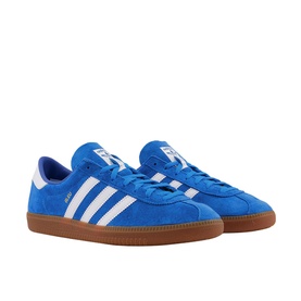 Adidas Bleu Trainers in blue suede with white three stripes, lace-up low top, heel tab, and gum rubber sole