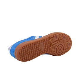 Adidas Bleu Trainers in blue, suede upper with white three stripes, gum rubber sole detail shown from underside angle