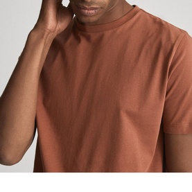 Model wearing Reiss Bless Regular Fit T-Shirt in brown, featuring a mock neck, short sleeves, and relaxed fit in 100% cotton