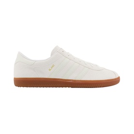 Adidas Blanc Trainers in white leather with tonal stripe detailing, gold branding, and tan gum rubber sole