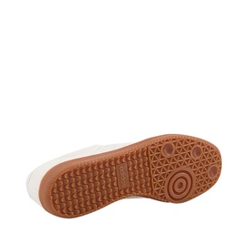Adidas Blanc Trainers in white, sole view showing tan gum rubber outsole with geometric tread pattern and circular heel detail