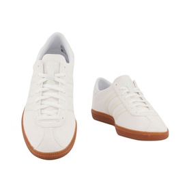 Adidas Blanc Trainers in white leather with tonal three-stripe detail and tan gum rubber sole, shown as a pair from front and side angles
