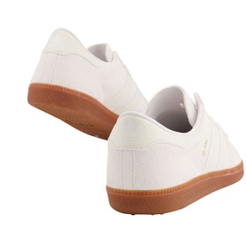 Adidas Blanc Trainers in white canvas with gold branding and tan gum rubber sole, rear three-quarter view