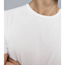 Model wearing Reiss Bless Regular Fit T-Shirt in white, featuring a round neckline and short sleeves in 100% cotton