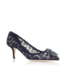 Dolce & Gabbana Rosa 60 Courts in navy lace with embellished brooch detail and 6.5cm kitten heel