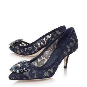 Dolce & Gabbana Rosa 60 Courts in navy blue lace with crystal embellishment at toe, 6.5cm kitten heel, pair shown