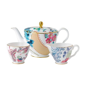 Wedgwood Butterfly Bloom Teapot, Cream and Sugar set in white with floral and butterfly motifs and gold accents, 3-piece