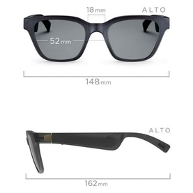 Bose Frames Alto Audio Sunglasses in black, shown from front and side with dimensions: 148mm wide, 52mm lens, 162mm arm length