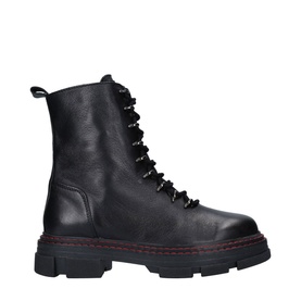 Kurt Geiger London Bird Boots in black leather, lace-up ankle boot with chunky black sole and red contrast welt detail