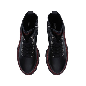 Kurt Geiger London Bird Boots in black leather with dark red contrast stitching, lace-up front, chunky sole, top-down view