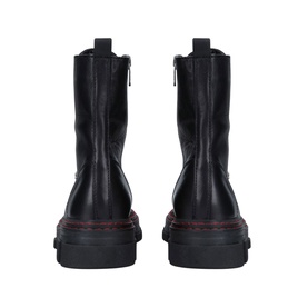 Kurt Geiger London Bird Boots in black leather, back view showing zip fastening, chunky black sole with red contrast stitching