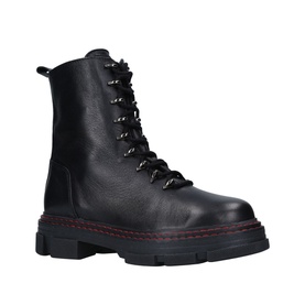 Kurt Geiger London Bird Boots in black leather, lace-up ankle style with chunky sole and red contrast stitching