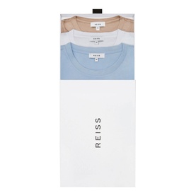 Reiss Bless Regular Fit T-Shirt in beige, blue and white, packaged as a three-pack set in a branded Reiss box