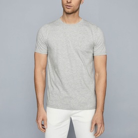 Model wearing Reiss Bless Regular Fit T-Shirt in grey, round neckline, short sleeves, styled with white trousers
