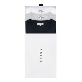 Reiss Bless Regular Fit T-Shirt 3-pack in multi, featuring white, grey and navy crew-neck tees, short sleeves, packaged in branded box