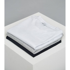 Reiss Bless Regular Fit T-Shirt multipack in white, grey and black, folded and stacked, showing round neckline and short sleeves
