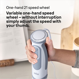 Delonghi MultiQuick 5 Vario hand blender grip, showing one-hand 21-speed thumb-controlled wheel in grey and white