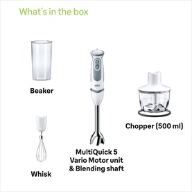 Delonghi MultiQuick 5 Vario hand blender set including motor unit, blending shaft, whisk, 500ml chopper and beaker