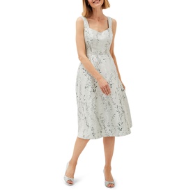 Model wearing Phase Eight Becka Trailing Jacquard Dress in green, sleeveless with sweetheart neckline and fit and flare silhouette