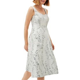 Model wearing Phase Eight Becka Trailing Jacquard Dress in green, sleeveless fit-and-flare style with sweetheart neckline and floral jacquard print