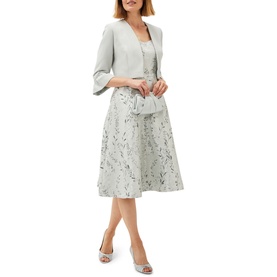 Model wearing Phase Eight Becka Trailing Jacquard Dress in green with floral jacquard, styled with matching jacket and silver heels